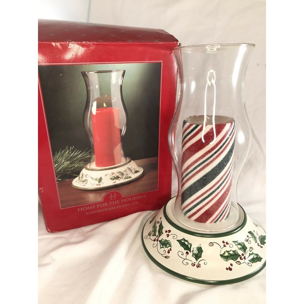 vtg Home for the Holidays Christmas Hurricane Candle Holder candy stripe Pillar